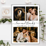Budget Wedding Photo Collage Thank You Script Card<br><div class="desc">Budget, Modern, Elegant, Hand Lettered Wedding Three Photo Collage Thank You personalised affordable low budget thin card. Minimalist wedding thank you card template featuring three (3) photo on the front and one (1) photo on the back. With the text "Love and thanks" in a swirly hand lettered typography script font...</div>