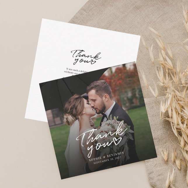 Budget Wedding Photo Hand-Lettered Thank You Card (Wedding Photo Thank You Square Mini Card)