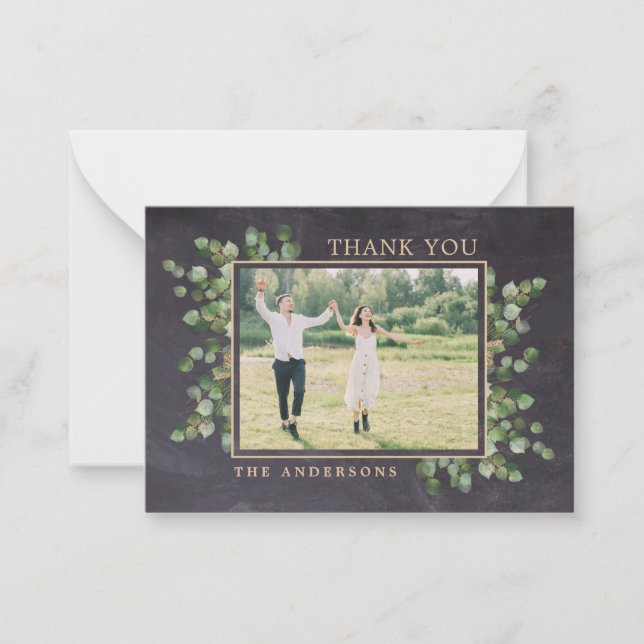 Budget Wedding Photo Rustic Greenery Thank You Card (Front)