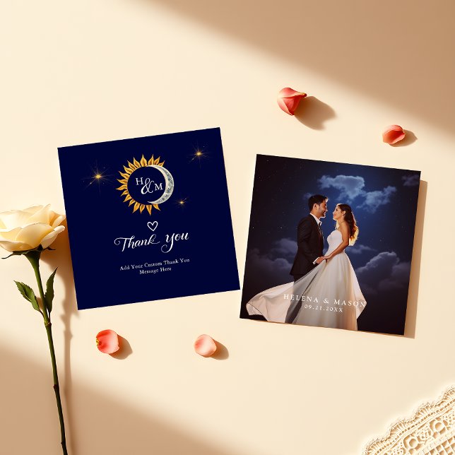 Budget Wedding Photo Sun Moon Monogram Thank You Card (Creator Uploaded)