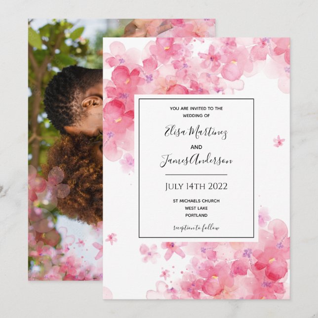 budget wedding pink floral romantic invitation (Front/Back)