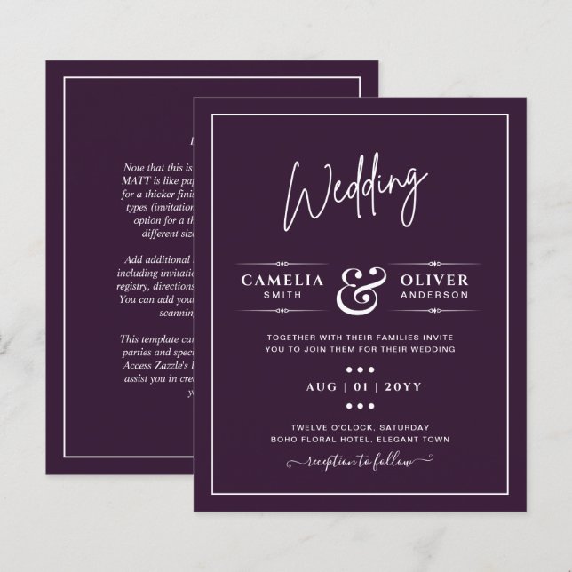 BUDGET Wedding PLUM PURPLE Monochrome Simple (Front/Back)
