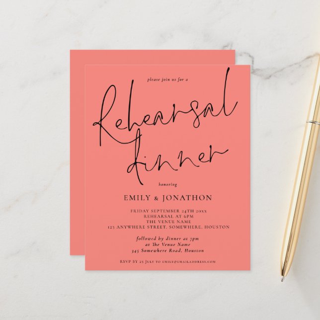 Budget Wedding Rehearsal Dinner Coral Rose Invite (Front/Back In Situ)