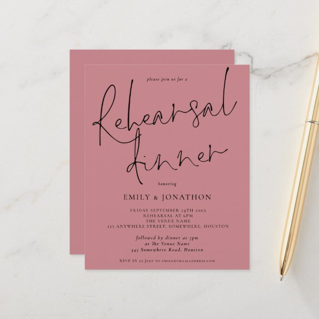 Budget Wedding Rehearsal Dinner Dusty Rose Invite (Front/Back In Situ)