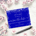 Budget wedding royal blue silver glitter save date<br><div class="desc">A modern and elegant Save the Date for a wedding. A navy royal background decorated with faux silver glitter dust.  Personalise and add a date and names. The text: Save the Date is written with a large trendy hand lettered style script.</div>