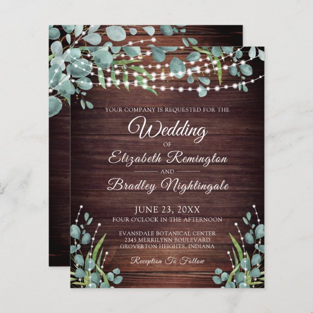 Budget Wedding Rustic Wood Lights Greenery Invite (Front/Back)