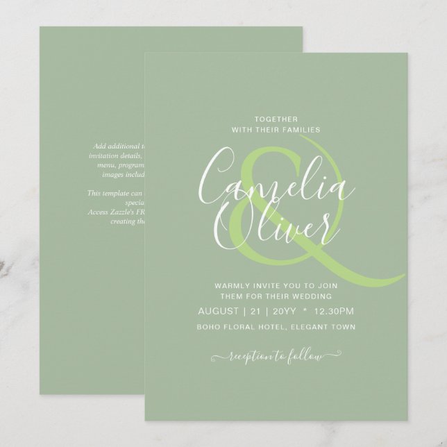 BUDGET Wedding Sage Apple Green Monochrome Text  Invitation (Front/Back)