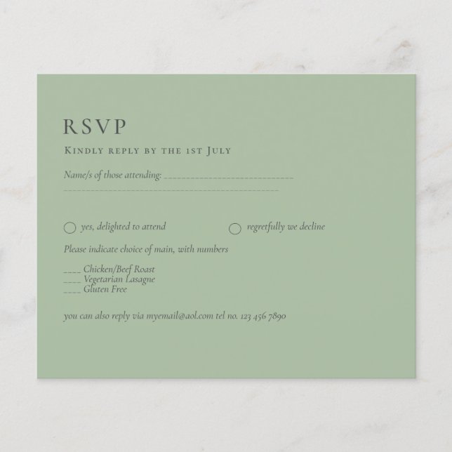 BUDGET Wedding Sage Green Monochrome Wedding RSVP Flyer (Front)