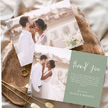Budget Wedding Sage Green Photo Thank You Cards<br><div class="desc">Budget Sage Green Wedding Thank You Cards that have a photo on the front and back. The Thank you cards contain a modern hand lettered cursive script typography that are elegant,  simple and modern to use after you wedding day celebration.</div>