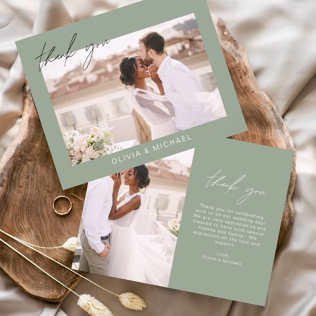 Budget Wedding Sage Green Photo Thank You Cards (Creator Uploaded)