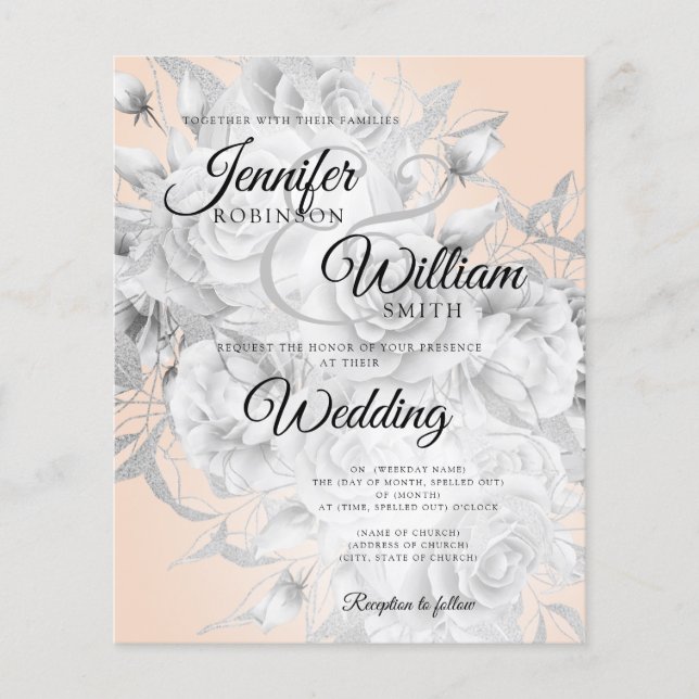 Budget Wedding Silver & Blush Floral Invitation Flyer (Front)