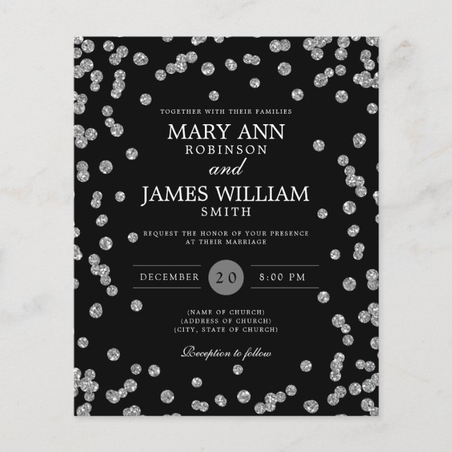 Budget Wedding Silver Glitter Black Invite (Front)