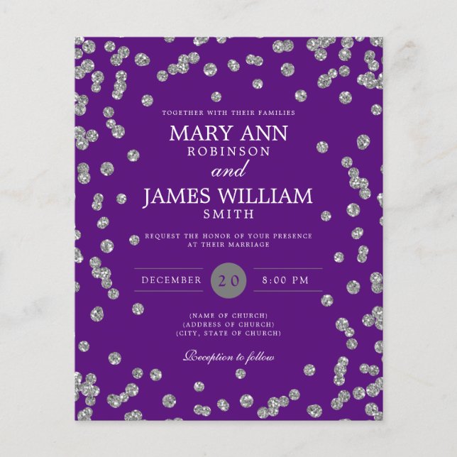 Budget Wedding Silver Glitter Purple Invite Flyer (Front)