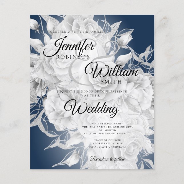 Budget Wedding Silver & Navy Floral Invitation  Flyer (Front)