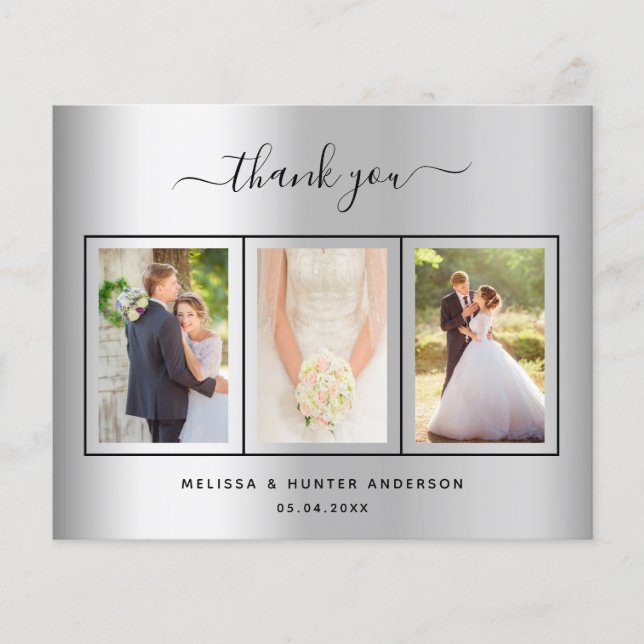 Budget wedding silver photo script thank you card (Front)