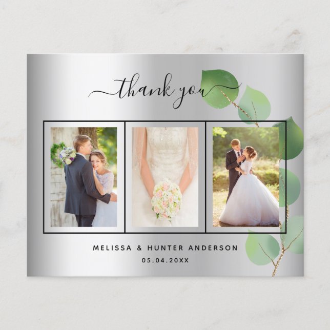 Budget wedding silver photo script thank you card (Front)