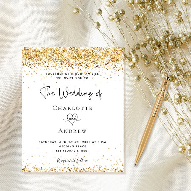 Budget wedding white gold glitter invitation (Creator Uploaded)