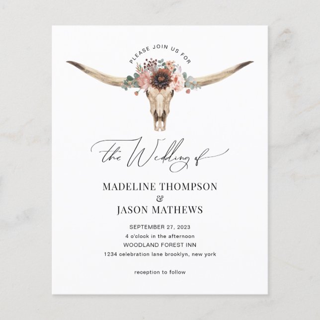 Budget Western Bohemian Floral Cow Skull Wedding (Front)