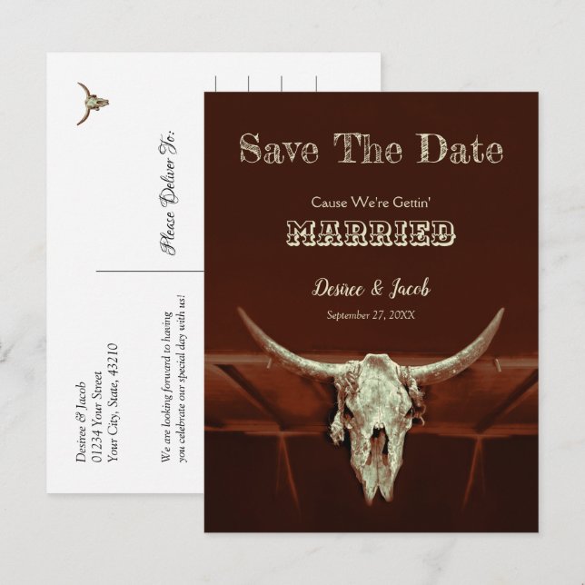 Budget Western Wedding Bull Skull Save The Date Postcard (Front/Back)