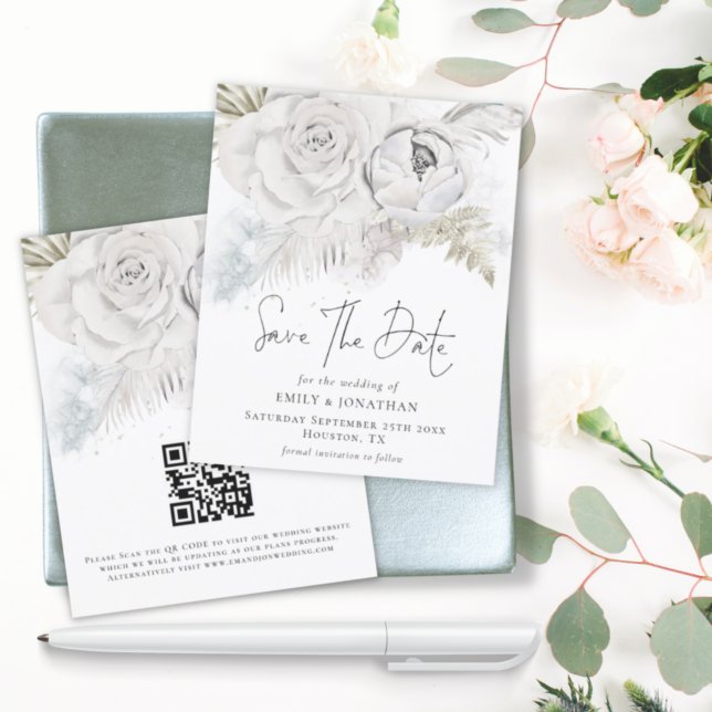 Budget Whiite Florals QR Code Save The Date (Creator Uploaded)
