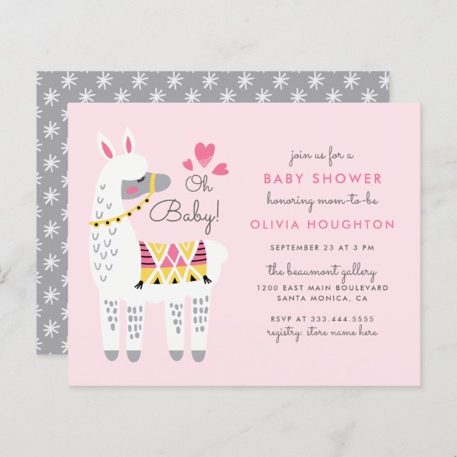 Budget Whimsical Pastel Pink Llama Oh Baby Shower (Front/Back)