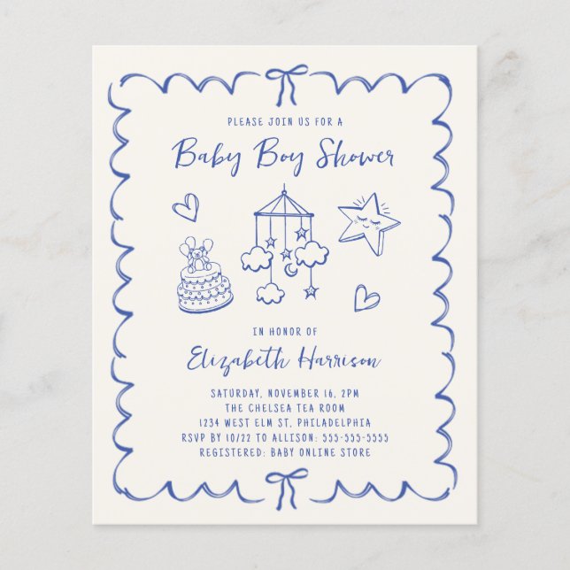 Budget Whimsical Wavy Frame Baby Boy Shower Invite (Front)