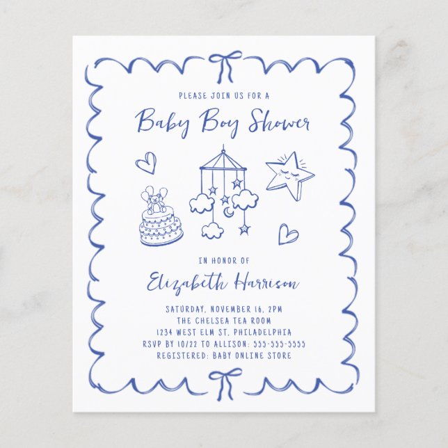 Budget Whimsical Wavy Frame Baby Boy Shower Invite (Front)