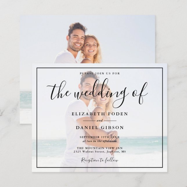 Budget White And Black Photo Wedding Invitation (Front/Back)
