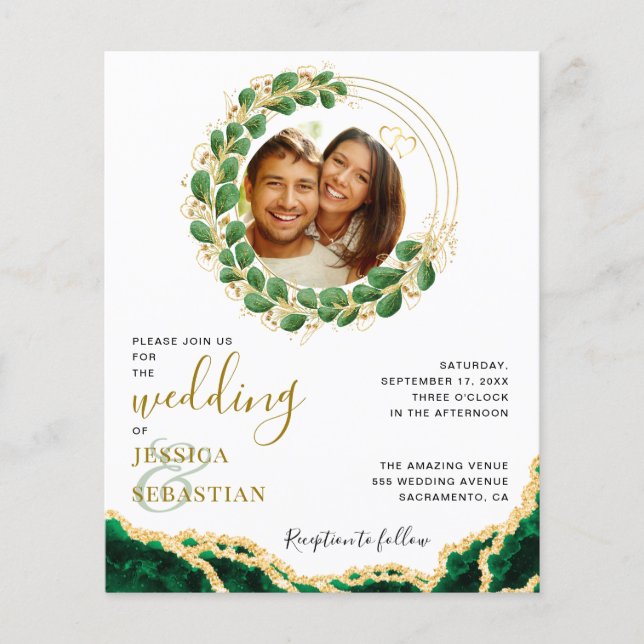 Budget White and Emerald Agate Eucalyptus Wedding Flyer (Front)