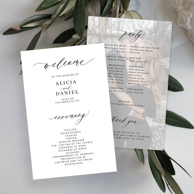 Budget white black elegant photo wedding program (Creator Uploaded)