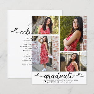 Budget White Black Grad 4 Photo Script Invitation