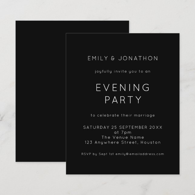 Budget White Black Wedding Evening Party Invite (Front/Back)