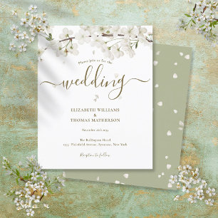 Budget White Blossom Script Wedding Invitation