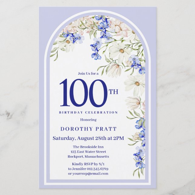Budget White Blue Floral 100th Birthday Invite (Front)