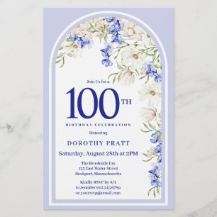 Budget White Blue Floral 100th Birthday Invite