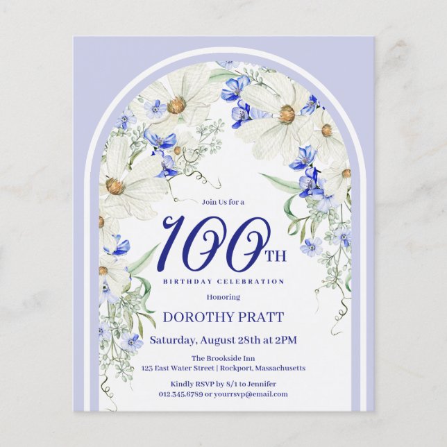 Budget White Blue Floral 100th Birthday Invite (Front)