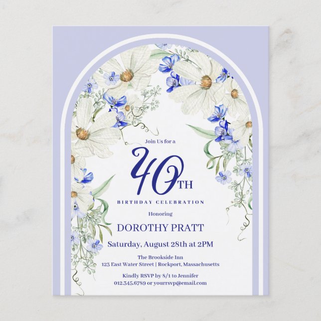 Budget White Blue Floral 40th Birthday Invite (Front)