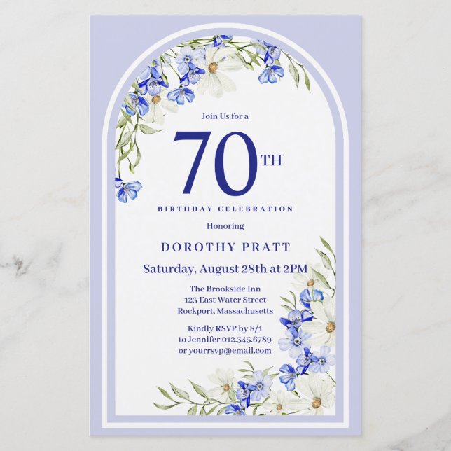 Budget White Blue Floral 70th Birthday Invite (Front)
