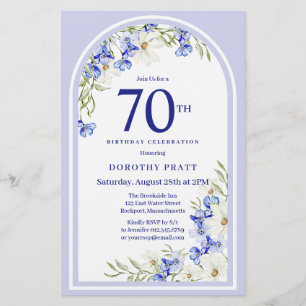 Budget White Blue Floral 70th Birthday Invite