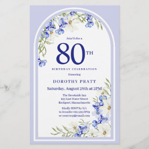 Budget White Blue Floral 80th Birthday Invite