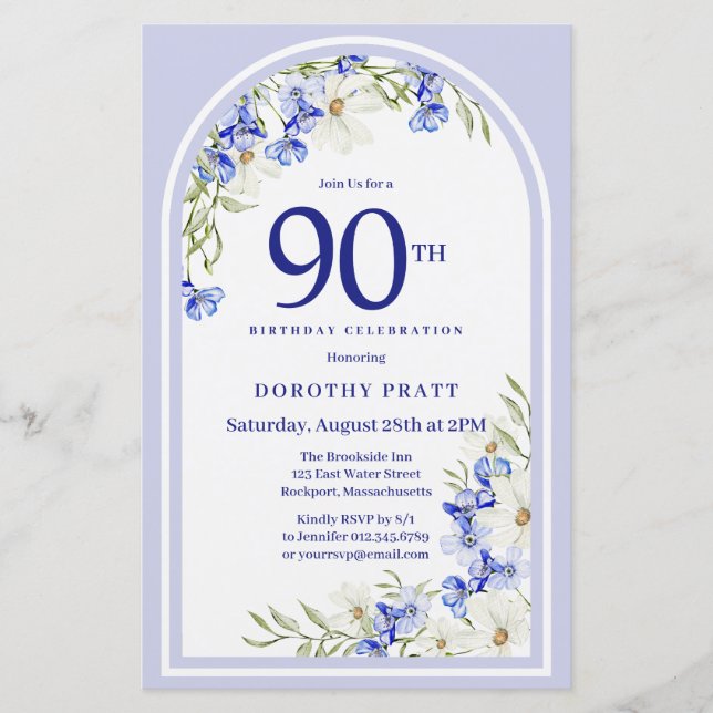 Budget White Blue Floral 90th Birthday Invite (Front)