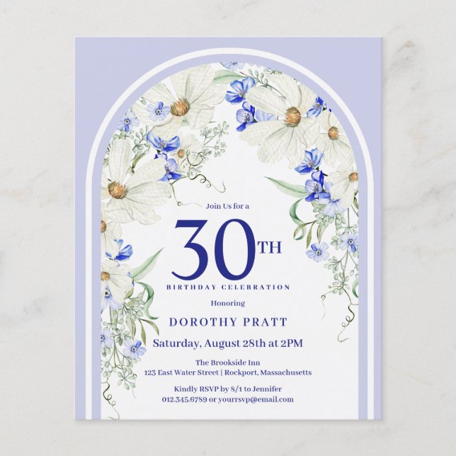Budget White Blue Floral Arch 30th Birthday Invite (Front)