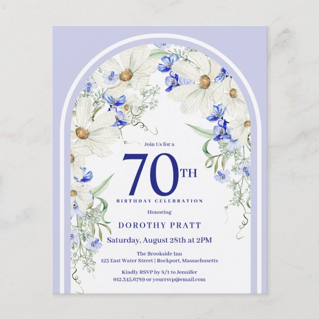 Budget White Blue Floral Arch 70th Birthday Invite (Front)