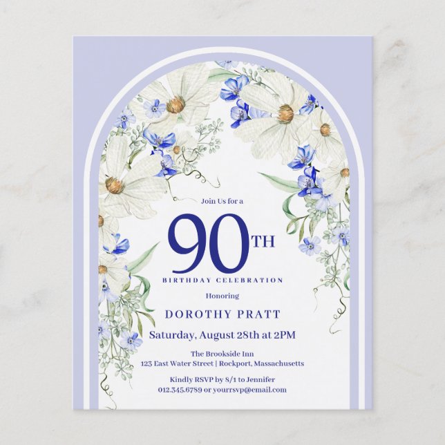 Budget White Blue Floral Arch 90th Birthday Invite (Front)