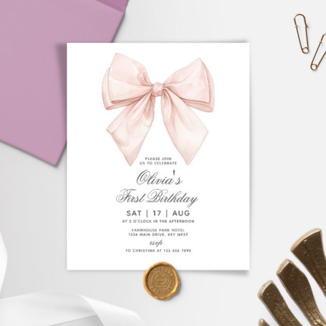 Budget White Bow First Birthday Invitation (Creator Uploaded)