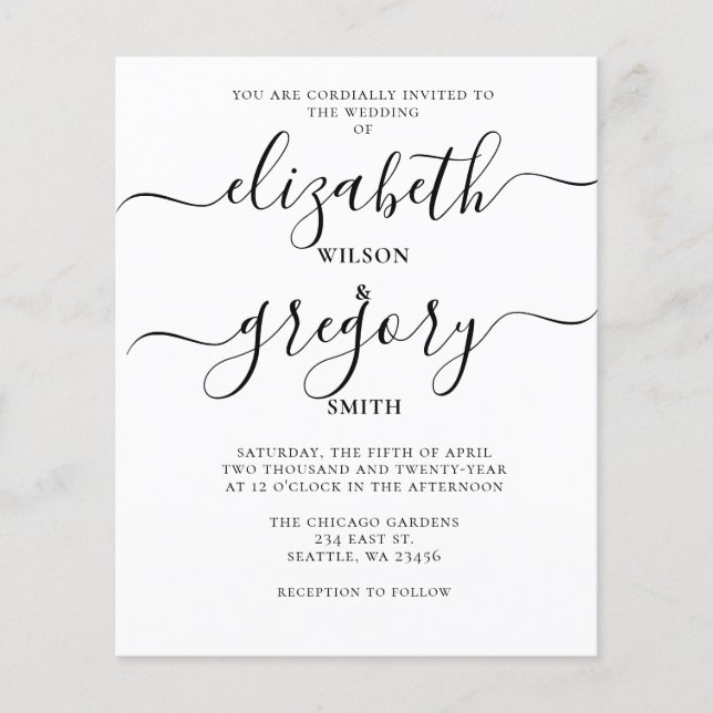 Budget White Calligraphy Wedding Invitation (Front)