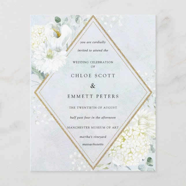 Budget White Floral Blue Wedding Invitation (Front)
