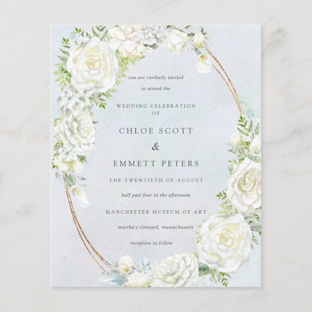 Budget White Floral Blue Wedding Invitation (Front)