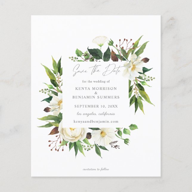Budget White Floral & Greenery Photo Save the Date Flyer (Front)