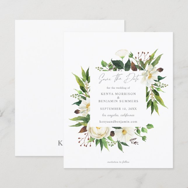 Budget White Floral & Greenery Save the Date (Front/Back)